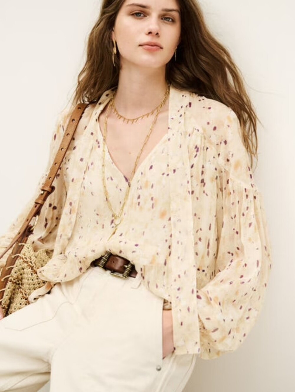 ba&sh Kamala Long Puff Sleeve Viscose Tie V-Neck Relaxed Fit Ruffle Hem Large
